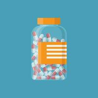 Glass container with medical pills capsules. vector