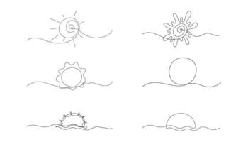 Set of abstract  a sun drawn by one line. Sketch. Continuous line drawing simple art. Creative vector illustration in minimalist style.