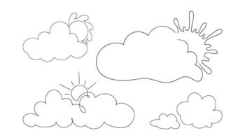 Set of abstract cloud with sun drawn by one line. Sketch. Continuous line drawing cloudy. Creative vector illustration.