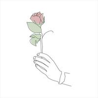 rose flower Continuous line drawing of a hand holding. Beautiful rose flower simple line art with active strok vector