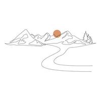 mountain range continuous One  line drawing. Simple line drawing of mountains and sun. Modern one line nature illustration vector