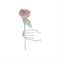 rose flower Continuous line drawing of a hand holding. Beautiful rose flower simple line art with active strok vector