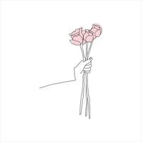 rose flower Continuous line drawing of a hand holding. Beautiful rose flower simple line art with active strok vector