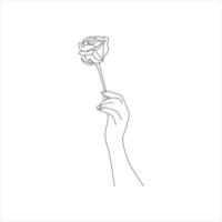 rose flower Continuous line drawing of a hand holding. Beautiful rose flower simple line art with active strok vector