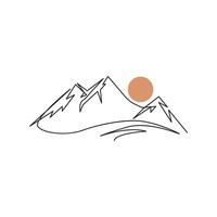 mountain range continuous One  line drawing. Simple line drawing of mountains and sun. Modern one line nature illustration vector