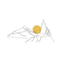 mountain range continuous One  line drawing. Simple line drawing of mountains and sun. Modern one line nature illustration vector