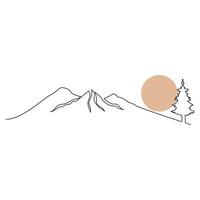 mountain range continuous One  line drawing. Simple line drawing of mountains and sun. Modern one line nature illustration vector