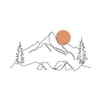 mountain range continuous One  line drawing. Simple line drawing of mountains and sun. Modern one line nature illustration vector