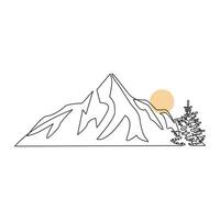 mountain range continuous One  line drawing. Simple line drawing of mountains and sun. Modern one line nature illustration vector