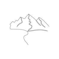 mountain range continuous One  line drawing. Simple line drawing of mountains and sun. Modern one line nature illustration vector