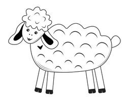 Cute sheep, curious and happy farm animal, vector black and white illustration