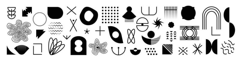 Memphis design, creative brutal primitive shapes, vector set of abstract geometric figures, black flat and line graphic forms