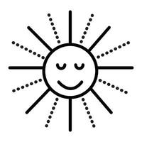 Cute sun, sign of summer season, black line vector illustration