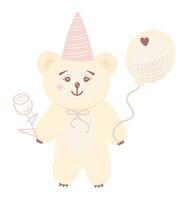 Cute festive white bear in a cone hat stands with a rose and a balloon. Vector color illustration. It can be used for example for a birthday postcard