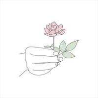 Rosa flor continuo línea dibujo de un mano tenencia. hermosa Rosa flor sencillo línea Arte con activo golpe vector