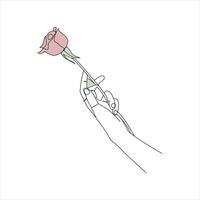 rose flower Continuous line drawing of a hand holding. Beautiful rose flower simple line art with active strok vector