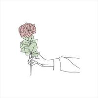 Rosa flor continuo línea dibujo de un mano tenencia. hermosa Rosa flor sencillo línea Arte con activo golpe vector