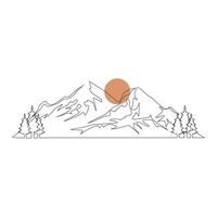 mountain range continuous One  line drawing. Simple line drawing of mountains and sun. Modern one line nature illustration vector