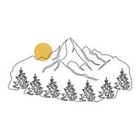 mountain range continuous One  line drawing. Simple line drawing of mountains and sun. Modern one line nature illustration vector