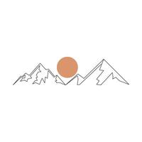 mountain range continuous One  line drawing. Simple line drawing of mountains and sun. Modern one line nature illustration vector