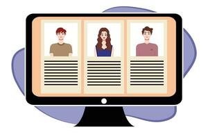 People in video conference on computer screen. Online meeting, video call concept. Vector illustration.