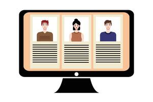 People in video conference on computer screen. Online meeting, video call concept. Vector illustration.