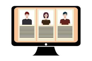 People in video conference on computer screen. Online meeting, video call concept. Vector illustration.