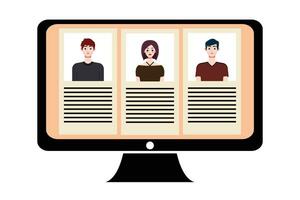 People in video conference on computer screen. Online meeting, video call concept. Vector illustration.