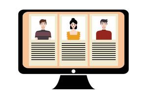 People in video conference on computer screen. Online meeting, video call concept. Vector illustration.