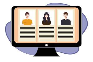 People in video conference on computer screen. Online meeting, video call concept. Vector illustration.