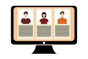 People in video conference on computer screen. Online meeting, video call concept. Vector illustration.