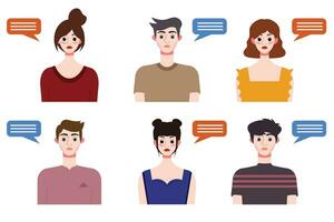 Set of young people avatars with speech bubbles. Vector illustration.