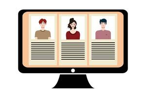 People in video conference on computer screen. Online meeting, video call concept. Vector illustration.