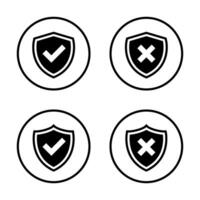 Check and cross mark shield icon on circle line. Checkmark and x symbol vector