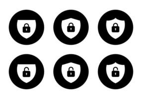 Lock and unlock shield icon set on circle background. Safeguard, security symbol vector