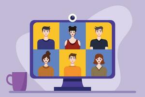 Video conference concept. People avatars on computer screen. Vector illustration