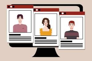 Group of young people on computer screen. Vector illustration in flat style.