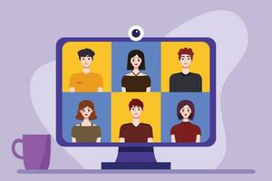 Video conference concept. People avatars on computer screen. Vector illustration