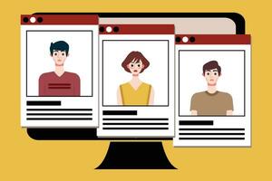 Group of young people on computer screen. Vector illustration in flat style.