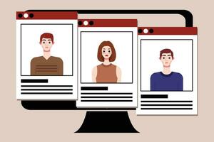 Group of young people on computer screen. Vector illustration in flat style.