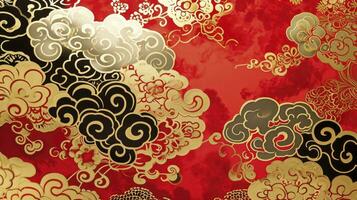 AI generated Chinese auspicious cloud pattern with red and gold themes. photo