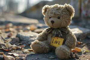 AI generated Teddy bear holding a yellow sign saying LOVE  text. valentine day photo