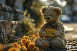 AI generated Teddy bear holding a yellow sign saying LOVE  text. valentine day photo