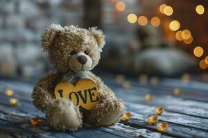 AI generated Teddy bear holding a yellow sign saying LOVE  text. valentine day photo