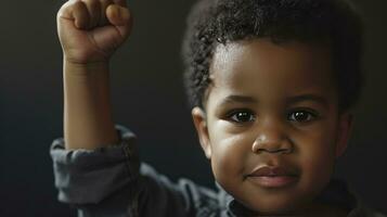 AI generated Black baby, kid with fist raised, black history month concept, african american boy, copy space, blank space for text, inclusivity and diversity, protest. photo