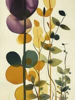 AI generated Simple botanical detail mid-century watercolor design symmetrical print, rounded forms. photo