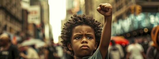 AI generated Black History Month concept, a young child with his fist raised in the air, in New York City. photo