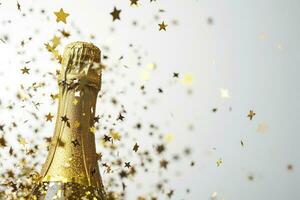 AI generated Champagne bottle with confetti stars and party streamers on a festive background. Christmas, birthday or wedding concept. photo