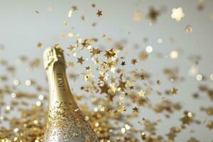 AI generated Champagne bottle with confetti stars and party streamers on a festive background. Christmas, birthday or wedding concept. photo