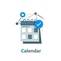 calendario, concepto de gestión del tiempo, planificación, uso eficiente del tiempo de trabajo para la implementación del plan de negocios, ilustración de vector de icono de diseño plano